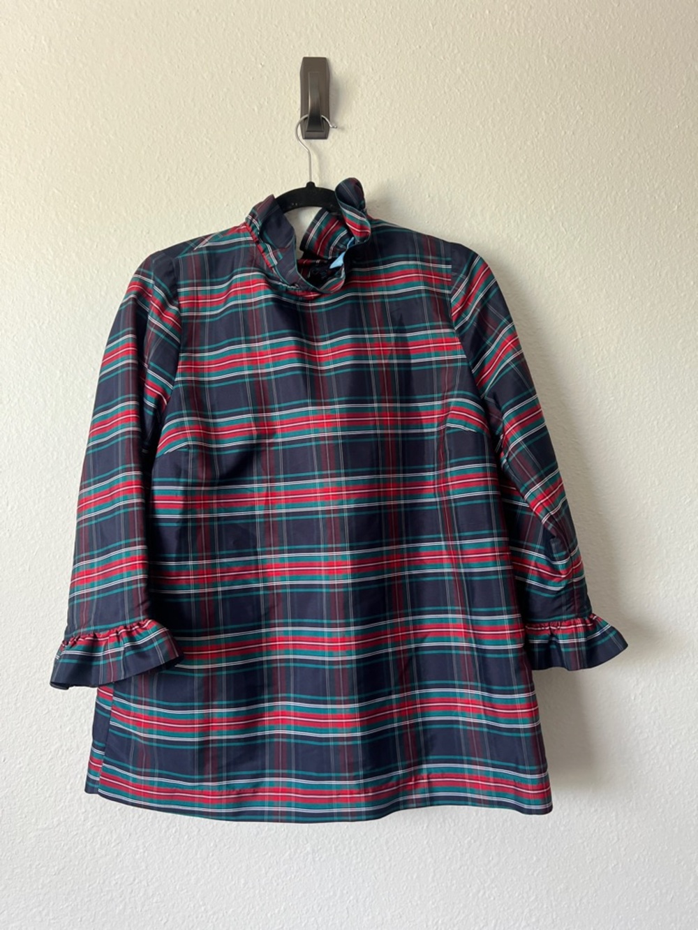 DRAPER JAMES Blue plaid long sleeve top  Ruffle size S